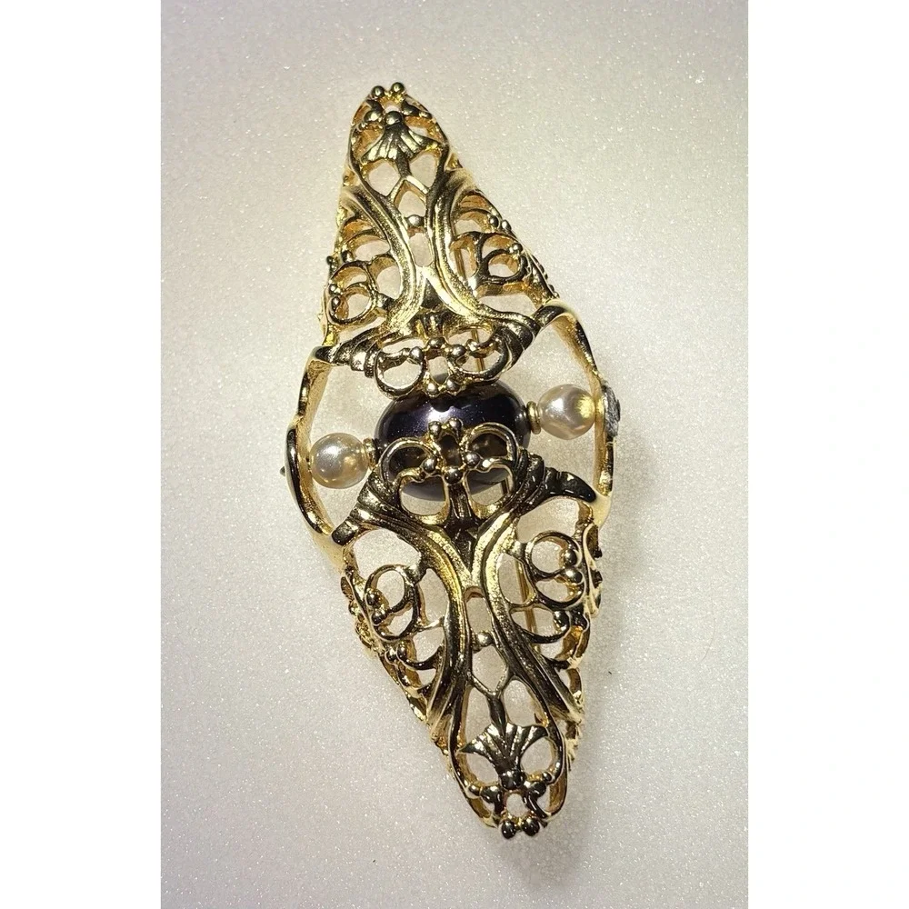 Vintage Napier 1980s Brooch Gold Filigree Faux Pearl Purple Cabochon Book Piece